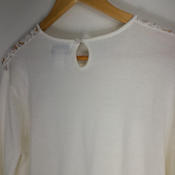 Vtg Rena Rowan Ivory Knit Lace Pearl Embellished Knit Blouse Top Womens Size L - Picture 4 of 8